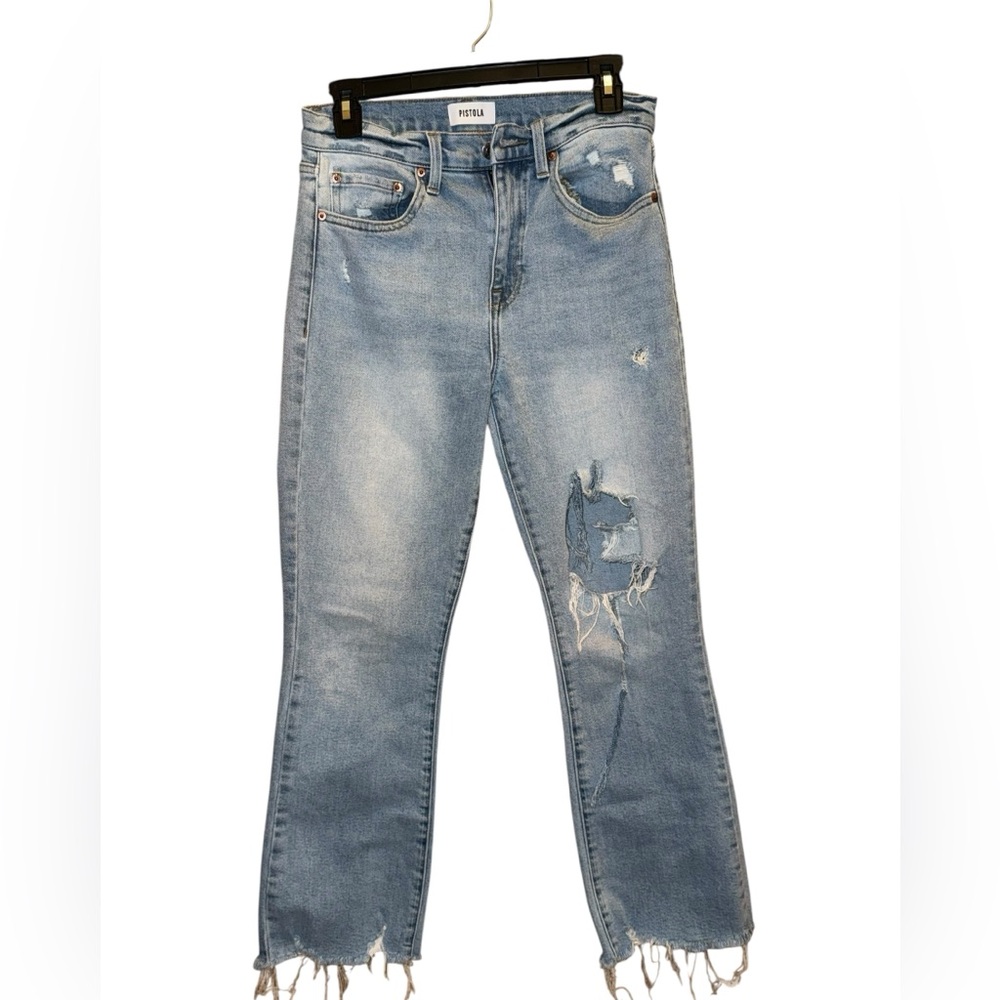 PISTOLA High Rise Medium Blue Distressed Ripped Straight Leg Women’s Jeans 28 - Picture 2 of 11